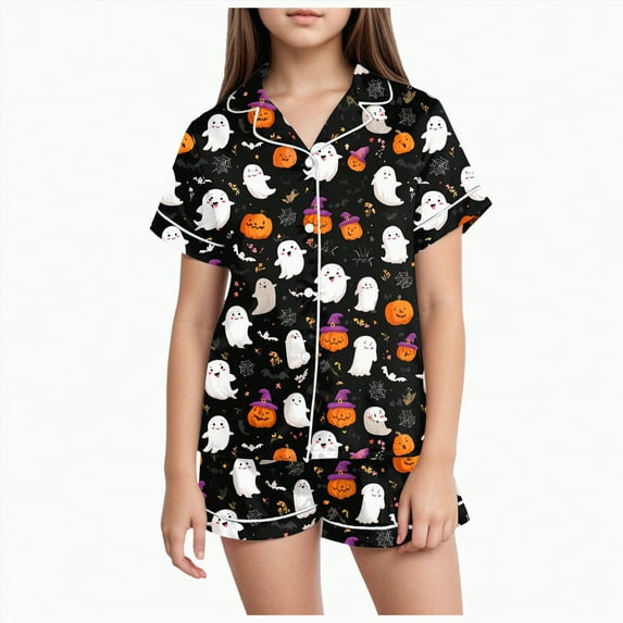 CAUYDY Big Kids Unisex Halloween Pjs Set Girls Boys Pajama Sets Satin Sleepwear Summer 2 Pieces Button Down Nighty(White,10-11 Y)