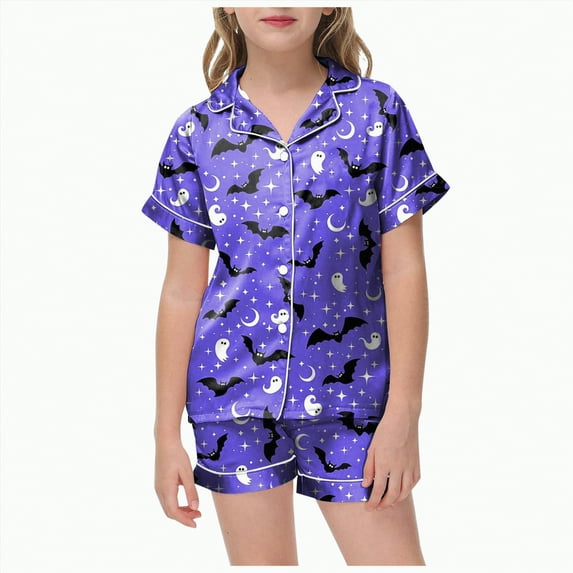 CAUYDY Big Kids Unisex Halloween Pjs Set Girls Boys Pajama Sets Satin Sleepwear Summer 2 Pieces Button Down Nighty(Z04-Purple,10-11 Y)