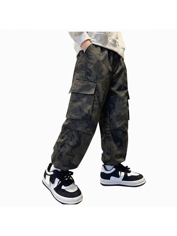 Boy's Camo Cargo Pants Joggers Baggy Fall Elastic Waist Wide Led Casual Hunting Pants with Pockets(L101-Camouflage,7-8 Y)