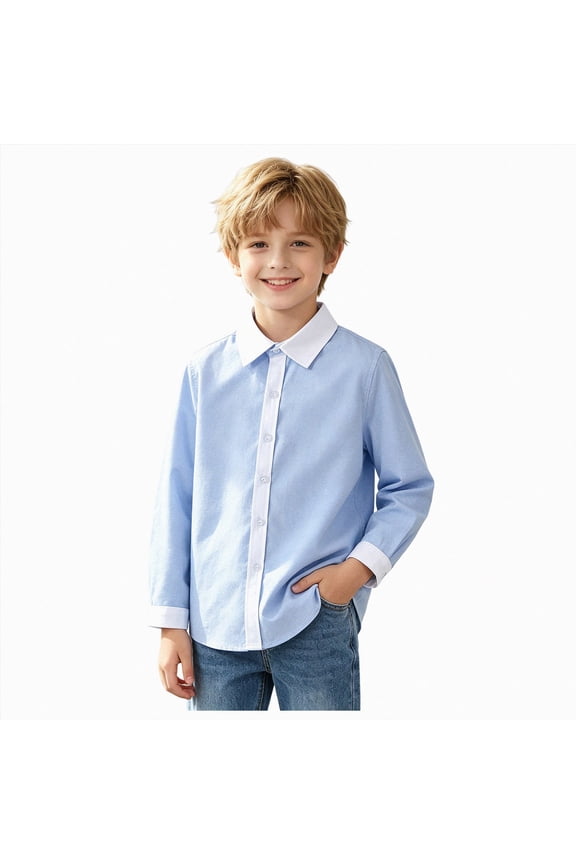 Boys' Fall Winter Button-Down Shirts Long Sleeve Collared Dress Shirt Button Down Cuff School Uniform Back To School Wear(L101-Sky Blue,17-18 Y)