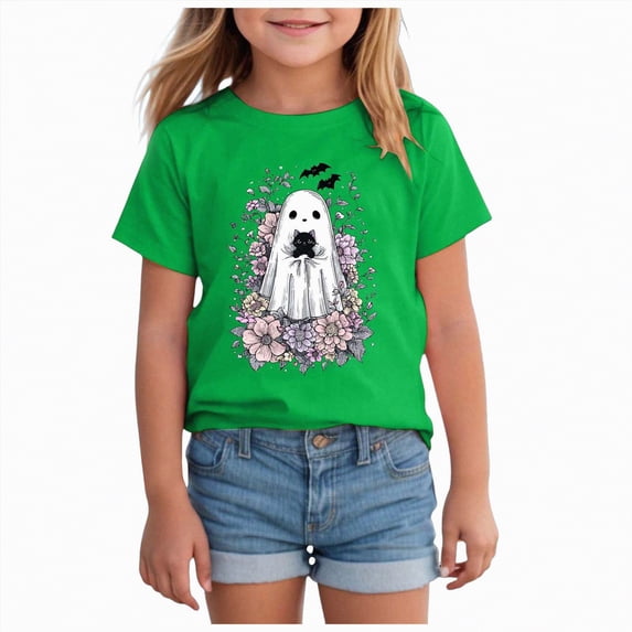 CAUYDY Boys Girls Halloween Shirts Toddler Short Sleeve Truck Boo Ghost Pumpkin Tee Tops T-Shirts(Green,7-8 Y)