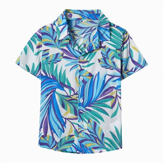 CAUYDY Boys Hawaiian Shirt Short Sleeve Button Down Shirt Casual Floral Tropical Beach Shirts(L101-Sky Blue,7-8 Y)