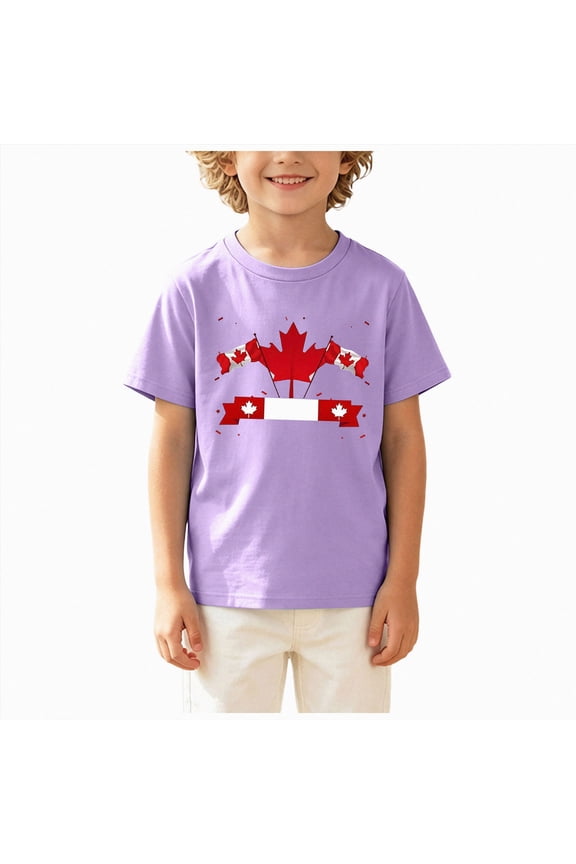 Canadian Flag Short Sleeve Shirt Kids Red Maple Leaf Canada Day T-Shirt(L101-Purple,7-8 Y)