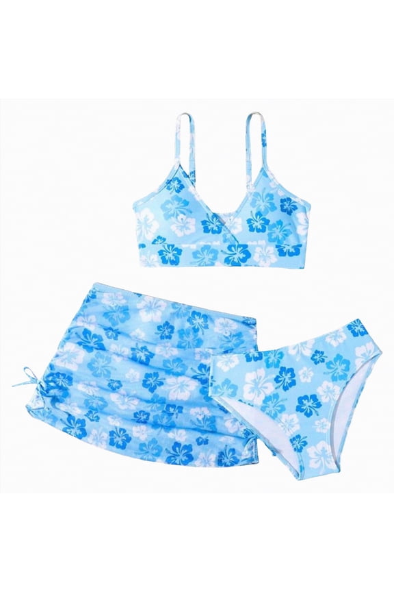 Children Girl Swimsuits 2 Piece Kids Girls Tankini Bathing Suit Set 8T 9T 10T Teen Girls Bikini Swimwear with Cover Ups Tween Girls Summer Beach Skirt (Sizes 12-13 Years,H03-Blue)