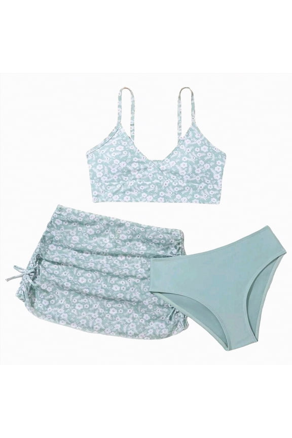 Children Girl Swimsuits 2 Piece Kids Girls Tankini Bathing Suit Set 8T 9T 10T Teen Girls Bikini Swimwear with Cover Ups Tween Girls Summer Beach Skirt (Sizes 12-13 Years,F02-Green)