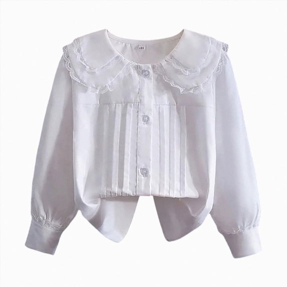 CAUYDY Collared Shirts for Girls Kids Long Sleeve Button Down Ruffle Blouse, School Uniform Top for Graduation Photoshoot Clothes White Sizes 9-10 Years