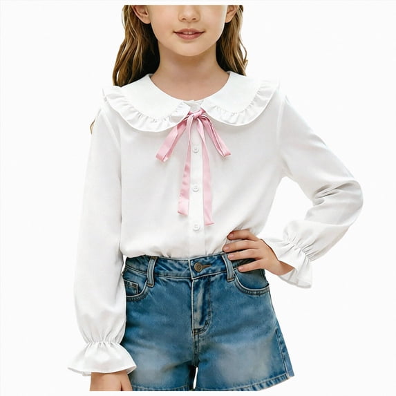 CAUYDY Collared Shirts for Girls Youth Long Sleeve Button Down Fly Sleeve Blouse, School Uniform Top for Fall Winter Daily Wear Pink Sizes 15-16 Years