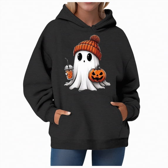 CAUYDY Cute Ghost Graphic Hoodies for Women Halloween Funny Spooky Hooded Sweatshirt Vintage Pullover Casual Tops(Black,XL)