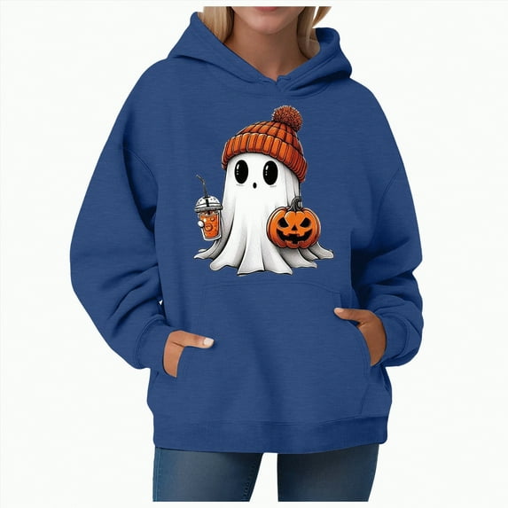 CAUYDY Cute Ghost Graphic Hoodies for Women Halloween Funny Spooky Hooded Sweatshirt Vintage Pullover Casual Tops(Navy,S)