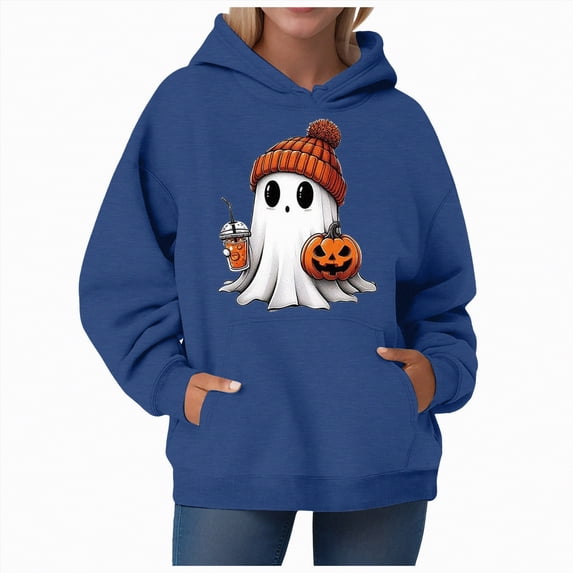CAUYDY Cute Ghost Graphic Hoodies for Women Halloween Funny Spooky Hooded Sweatshirt Vintage Pullover Casual Tops(Navy,XL)