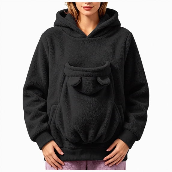 CAUYDY Fuzzy Pet Carrier Hoodie for Women, Long Sleeve Pullover with Large Pocket Animal Holder Sweatshirt Winter Wear Black Sizes M