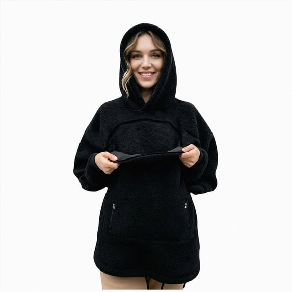 CAUYDY Fuzzy Pet Pouch Hoodie for Women with Large Front Pocket Long Sleeve Sweatshirt Animal Carrier Cold Weather Wear Black Sizes M