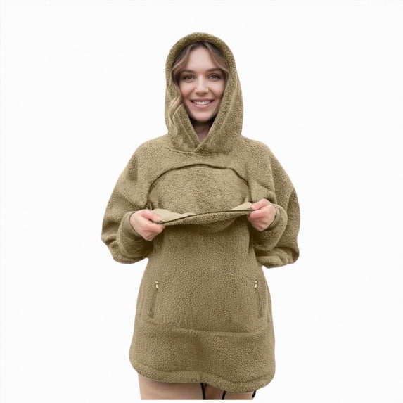 CAUYDY Fuzzy Pet Pouch Hoodie for Women with Large Front Pocket Long Sleeve Sweatshirt Animal Carrier Cold Weather Wear Yellow Sizes L