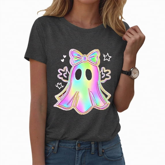 CAUYDY Ghost Halloween T-Shirt for Women Cute Ghost Cat Graphic Tee Spooky Season Shirt Vintage Short Sleeve Casual Fall Tops(Z01-Grey,XXL)