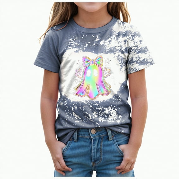 CAUYDY Girl Halloween Shirt Spooky Ghost Tshirt Spooky Season Short Sleeve Tee Top Kid Fall Clothes(Blue,5-6 Y)