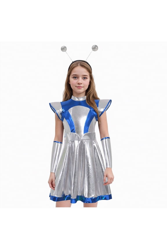 Girls Alien Halloween Space Man Dress Up Metallic Dress with Arm Sleeves Alien Hair Hoop Set(Z03-Blue,4-5 Y)