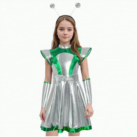 CAUYDY Girls Alien Halloween Space Man Dress Up Metallic Dress with Arm Sleeves Alien Hair Hoop Set(Z03-Green,6-7 Y)