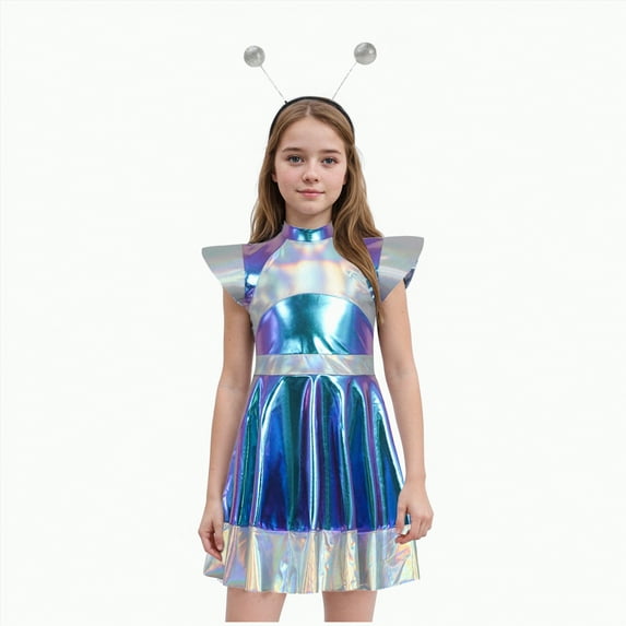 CAUYDY Girls Alien Robot Astronaut Outerspace Dress-up Sleeveless A Line Tutu Dress with Feeler(Z03-Green,7-8 Y)