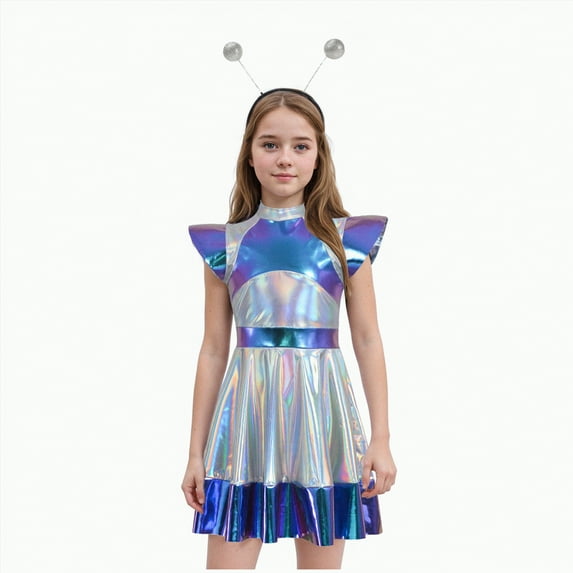 CAUYDY Girls Alien Robot Astronaut Outerspace Dress-up Sleeveless A Line Tutu Dress with Feeler(Z03-White,5-6 Y)