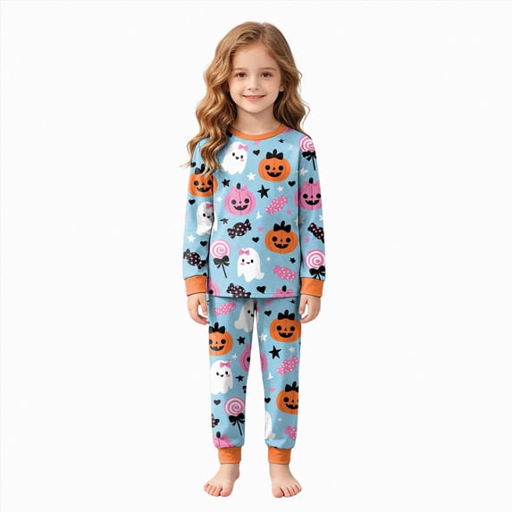 CAUYDY Girls Boys Halloween Pajamas Big Boys Pjs Set Pumpkin Ghost Graphic Long Sleeve and Pants Jammies 2 Piece Boys Sleepwear Lounge Clothe,5-6 Y