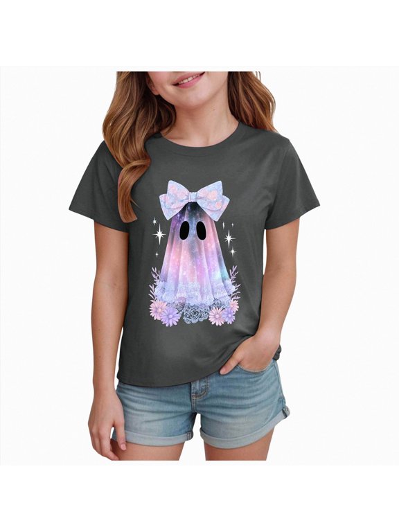 CAUYDY Girls Fashion Halloween Shirt Teen Cute Ghost Print Crew Neck Short Sleeve Fall Tee Party Wear Grey Sizes 13-14 Years
