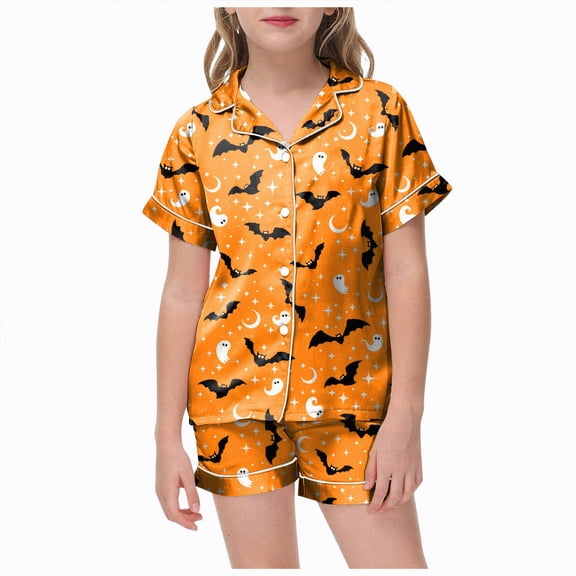 CAUYDY Girls Halloween 2PCS Pajama Sets Button Down Short Sleeve with Shorts Sleepwear Cute Skeleton Pumpkin Lounge Outfit Sets for Teens(Z04-Orange,4-5 Y)