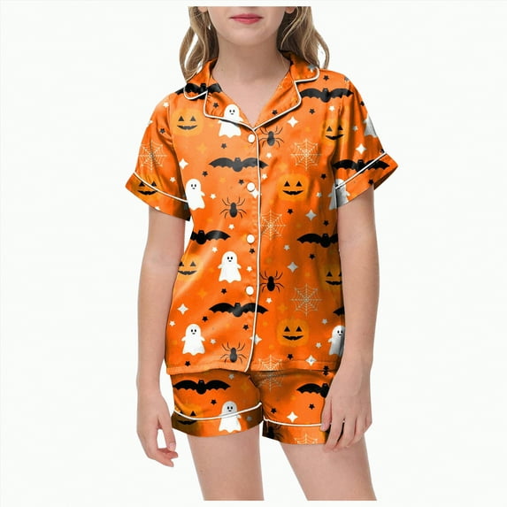 CAUYDY Girls Halloween Button Down Sleepwear Short Sleeve With Shorts 2PCS Pajama Sets Casual Lapel Loungewear(Orange,2-3 Y)