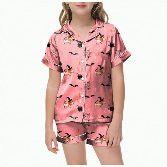 CAUYDY Girls Halloween Pajama Set Button Down Satin Kids Pumpkin Print Sleepwear 2 Piece Silk Pjs Sets Loungewear(Z06-Pink,8-9 Y)