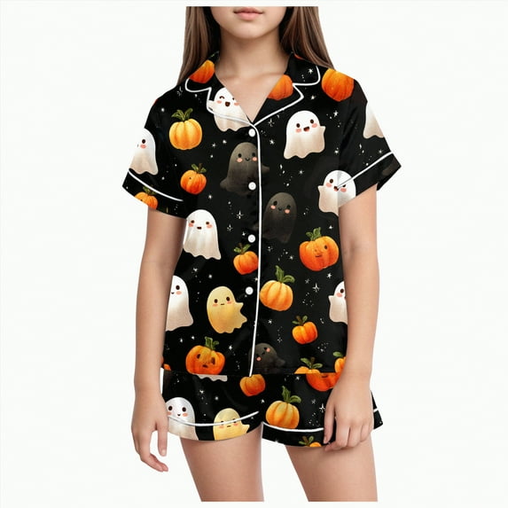 CAUYDY Girls Halloween Pajama Sets 2 Piece Button Down Short Sleeve Lapel Neck Tops Shorts Pumpkin Graphic Set for Teen(Black,8-9 Y)