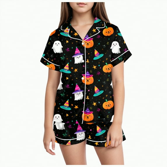 CAUYDY Girls Halloween Pajama Sets 2 Piece Button Down Short Sleeve Lapel Neck Tops Shorts Pumpkin Graphic Set for Teen(Sky Blue,4-5 Y)