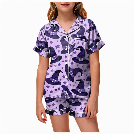 CAUYDY Girls Halloween Satin Pajamas Set Button Down 2 Piece Pjs Shorts Set Loungewear Sets Sleepwear,2-3 Y
