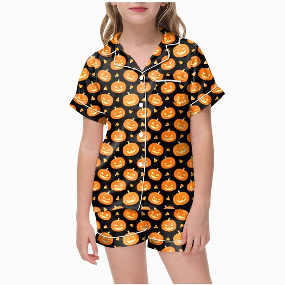 CAUYDY Girls Halloween Silk Pajama Set Print Short Sleeve Button Up Shirt and Shorts Holiday 2 Pcs Sets,2-3 Y