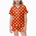 thumbnail image 1 of CAUYDY Girls Halloween Silk Pajama Set Print Short Sleeve Button Up Shirt and Shorts Holiday 2 Pcs Sets,8-9 Y, 1 of 5