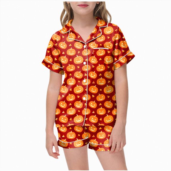 CAUYDY Girls Halloween Silk Pajama Set Print Short Sleeve Button Up Shirt and Shorts Holiday 2 Pcs Sets,8-9 Y