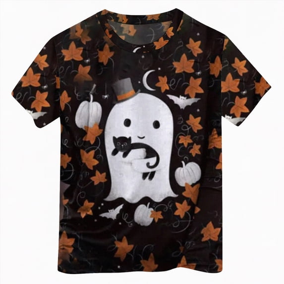 CAUYDY Girls Halloween T-Shirt Ghost Shirts Spooky Season Kids Graphic Tee Short Sleeve Tops(A01-Navy,6-7 Y)