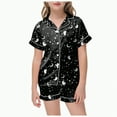 thumbnail image 1 of CAUYDY Girls Satin Pajama Set Halloween Pumpkin Ghost Print Shirts and Shorts Short Sleeve Button Down Soft 2 Piece Outfits(Z04-Black,6-7 Y), 1 of 5