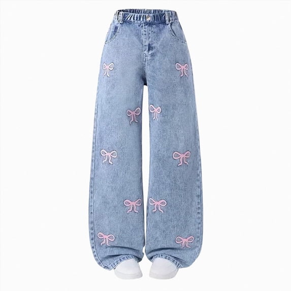 CAUYDY Girls Wide Leg Jeans Baggy High Elastic Waist Denim Pants Tween Y2k School Girl Vintage Pants Sizes 11-12 Years