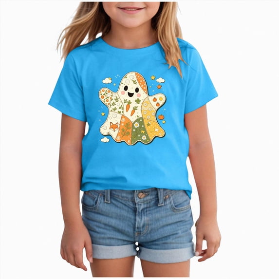 CAUYDY Halloween Children's Tops Kids Girl Halloween Shirt Ghost T-Shirt Top Fall Halloween Outfit Sky Blue Sizes 7-8 Years