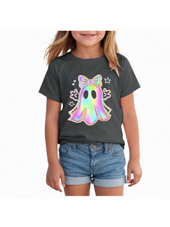 Halloween Ghouls Ghost Retro Girl Kids T-Shirt Graphic Tshirt Little Kids Fall Short Sleeve Tee Tops(Grey,4-5 Y)