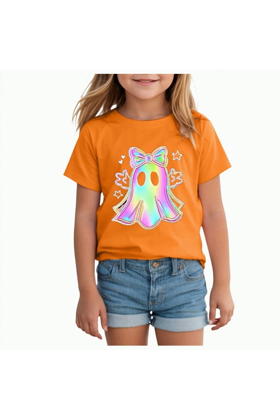 Halloween Ghouls Ghost Retro Girl Kids T-Shirt Graphic Tshirt Little Kids Fall Short Sleeve Tee Tops(Orange,8-9 Y)