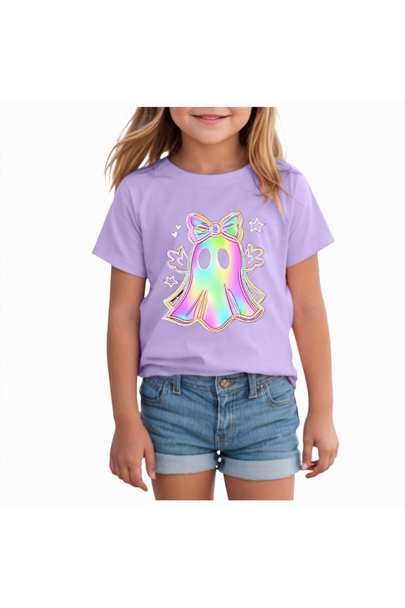 Halloween Ghouls Ghost Retro Girl Kids T-Shirt Graphic Tshirt Little Kids Fall Short Sleeve Tee Tops(Purple,6-7 Y)
