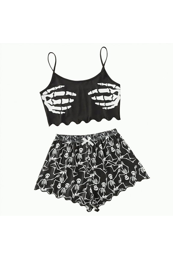 Halloween Pajama Sets for Women- 2 Piece Pumpkin Ghost Print Summer Top and Shorts Pj Set Sexy Pajamas(A02-Black,L)
