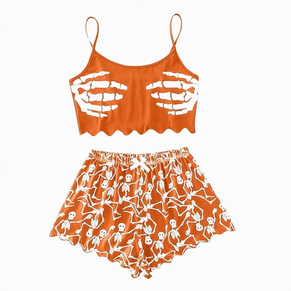 CAUYDY Halloween Pajama Sets for Women- 2 Piece Pumpkin Ghost Print Summer Top and Shorts Pj Set Sexy Pajamas(A02-Orange,XL)
