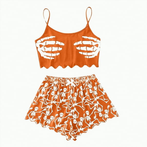 CAUYDY Halloween Pajama Sets for Women- 2 Piece Pumpkin Ghost Print Summer Top and Shorts Pj Set Sexy Pajamas(A02-Orange,XXL)