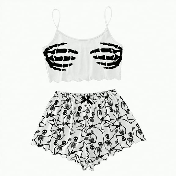 CAUYDY Halloween Pajama Sets for Women- 2 Piece Pumpkin Ghost Print Summer Top and Shorts Pj Set Sexy Pajamas(A02-White,M)
