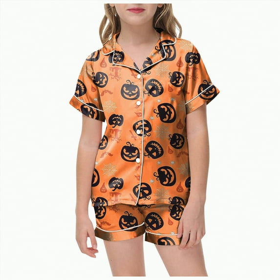 CAUYDY Halloween Pajamas Girl Fall Graphic Button Up Sleepwears Loungewear Ladies Ghost Pumpkin 2 Piece Top and Shorts Pjs Sets(Orange,12-13 Y)