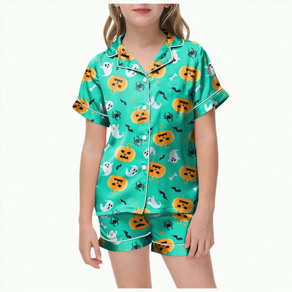CAUYDY Halloween Pajamas Girl Fall Graphic Button Up Sleepwears Loungewear Ladies Ghost Pumpkin 2 Piece Top and Shorts Pjs Sets(Green,4-5 Y)