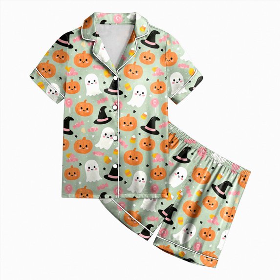 CAUYDY Halloween Pajamas Kids Girls Pajamas 2-Piece Pjs Set Kids Short Sleeved and Shorts Jammies Casual Wear Girls' Sleepwear Lounge Clothes Light Green Sizes 6-7 Years