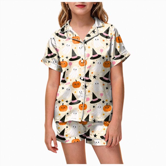 CAUYDY Halloween Pajamas Kids Girls Pajamas 2-Piece Pjs Set Kids Short Sleeved and Shorts Jammies Casual Wear Girls' Sleepwear Lounge Clothes White Sizes 12-13 Years