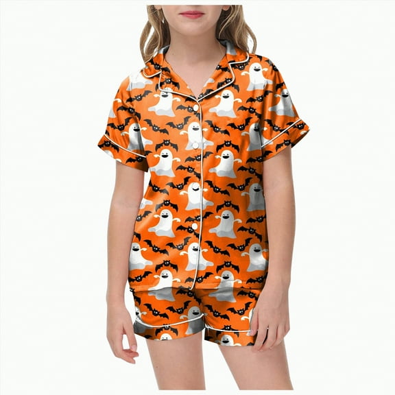 CAUYDY Halloween Pajamas Set Girl 2 Piece Pumpkin Ghost Pjs Boo Spooks Smile Button Down Cute Shorts Pj Sets Sleepwear(Orange,8-9 Y)